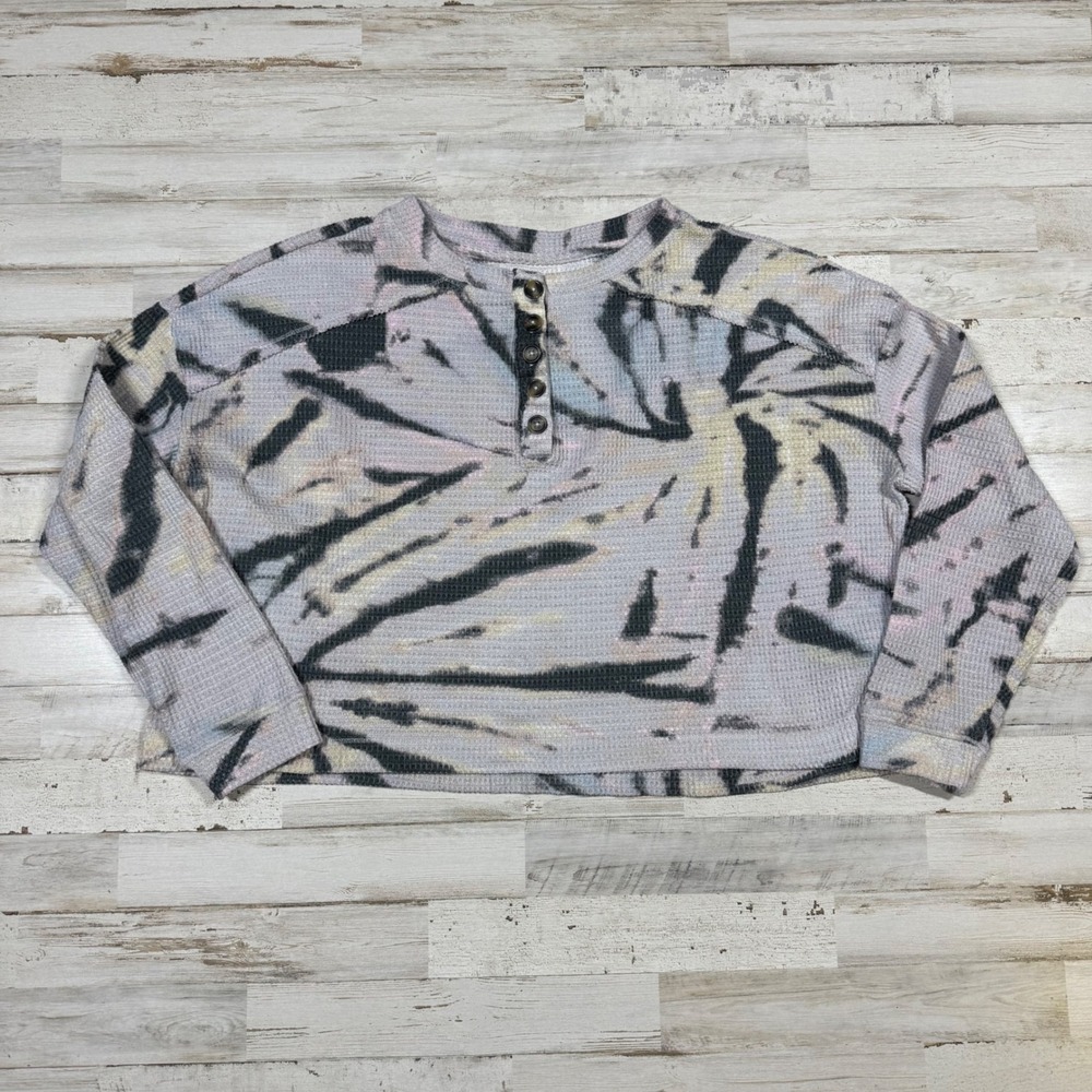 SO‎ Womens Tie Dye Waffle Knit Henley Cropped Long Sleeve Top Size S